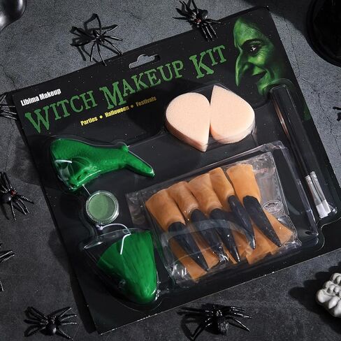 Libima 17 PCS Halloween Witch Makeup Kit Green Fake Witch Nose and Chin ، 10 PCS Black Long Pingernails ، Face Paint ، Makeup Sponge and Brush Effects Expeliver in Saudi Arabia