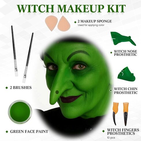 Libima 17 PCS Halloween Witch Makeup Kit Green Fake Witch Nose and Chin ، 10 PCS Black Long Pingernails ، Face Paint ، Makeup Sponge and Brush Effects Expeliver in Saudi Arabia