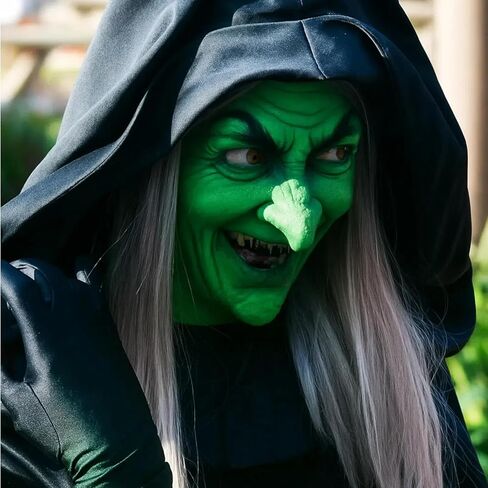 Libima 17 PCS Halloween Witch Makeup Kit Green Fake Witch Nose and Chin ، 10 PCS Black Long Pingernails ، Face Paint ، Makeup Sponge and Brush Effects Expeliver in Saudi Arabia