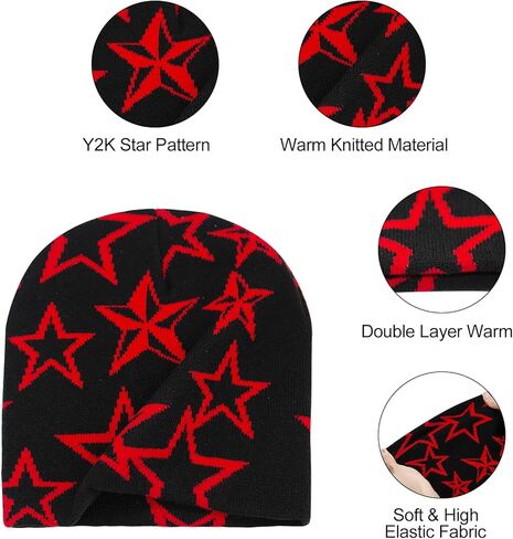 yameize Usisex Beanie Y2K Star Pattern - قبعات محبوكة للنساء من الرجال قبعة قبعة ناعمة مرنة القبعة الشتوية الجمجمة قبعة في الهواء الطلق in Kuwait
