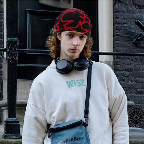 yameize Usisex Beanie Y2K Star Pattern - قبعات محبوكة للنساء من الرجال قبعة قبعة ناعمة مرنة القبعة الشتوية الجمجمة قبعة في الهواء الطلق in Kuwait