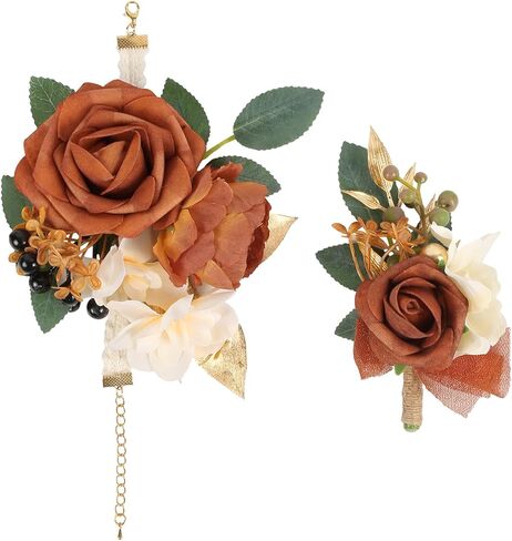 2Pcs Wedding Corsage and Boutonniere Set Purple Rose Corsage Wristlet and Boutonniere for Men Women Groom Bride Bridesmaid Groomsmen Wedding Party Accessory Prom Decoration (Purple) in Saudi Arabia
