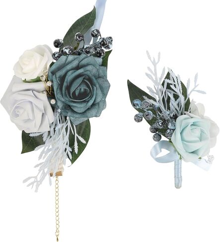 2Pcs Wedding Corsage and Boutonniere Set Purple Rose Corsage Wristlet and Boutonniere for Men Women Groom Bride Bridesmaid Groomsmen Wedding Party Accessory Prom Decoration (Purple) in Kuwait