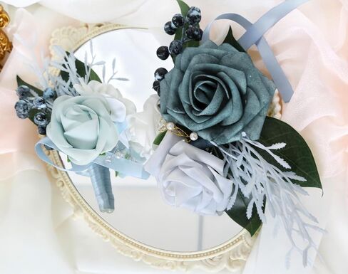 2Pcs Wedding Corsage and Boutonniere Set Purple Rose Corsage Wristlet and Boutonniere for Men Women Groom Bride Bridesmaid Groomsmen Wedding Party Accessory Prom Decoration (Purple) in Kuwait