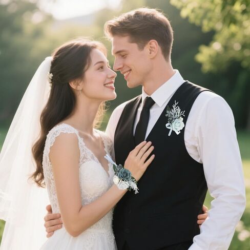 2Pcs Wedding Corsage and Boutonniere Set Purple Rose Corsage Wristlet and Boutonniere for Men Women Groom Bride Bridesmaid Groomsmen Wedding Party Accessory Prom Decoration (Purple) in Kuwait