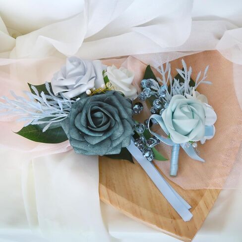 2Pcs Wedding Corsage and Boutonniere Set Purple Rose Corsage Wristlet and Boutonniere for Men Women Groom Bride Bridesmaid Groomsmen Wedding Party Accessory Prom Decoration (Purple) in Kuwait