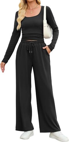 ZAFUL Women's 2 Piece Fall Outfits Set - Long Sleeve Top & Wide Leg Tracksuits Casual Lounge Matching Sets with Pockets in Saudi Arabia