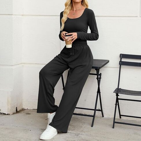 ZAFUL Women's 2 Piece Fall Outfits Set - Long Sleeve Top & Wide Leg Tracksuits Casual Lounge Matching Sets with Pockets in Saudi Arabia