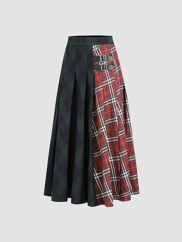 CIDER Plaid Skirt for Women Mid Waist Patched Check Buckle Maxi Skirt Womens Skirts Long Skirts for Women in Saudi Arabia