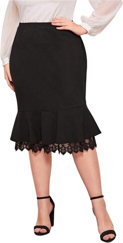 Wdirara Women's Plus Size Size Bodycon Fishtail Skirt High Phecled Lace Trim Midi Traints in Kuwait