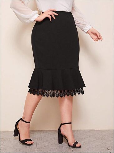 Wdirara Women's Plus Size Size Bodycon Fishtail Skirt High Phecled Lace Trim Midi Traints in Kuwait