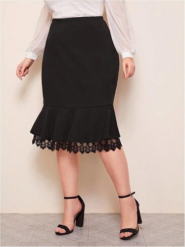 Wdirara Women's Plus Size Size Bodycon Fishtail Skirt High Phecled Lace Trim Midi Traints in Kuwait