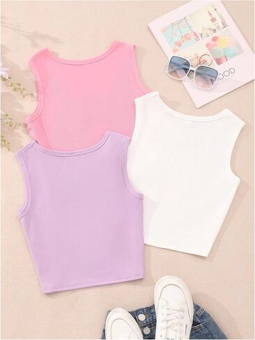 Milumia Girl's 3 Pcs Tank Shirts Round Neck Sleeveless Solid Casual Tops in Saudi Arabia