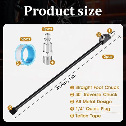 2 Pack Dual Head Air Chuck Sets, 14" Air Chucks for Tires, Heavy Duty Tire Air Chuck, 2-Way Connection 1/4" FNPT Straight Lock On Tire Inflate Chucks for Air Compressor Trucks RV Dually Tires(Black) in Kuwait