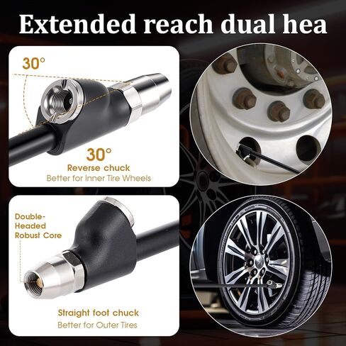 2 Pack Dual Head Air Chuck Sets, 14" Air Chucks for Tires, Heavy Duty Tire Air Chuck, 2-Way Connection 1/4" FNPT Straight Lock On Tire Inflate Chucks for Air Compressor Trucks RV Dually Tires(Black) in Kuwait
