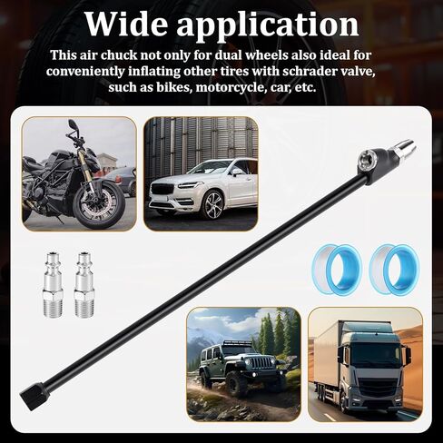 2 Pack Dual Head Air Chuck Sets, 14" Air Chucks for Tires, Heavy Duty Tire Air Chuck, 2-Way Connection 1/4" FNPT Straight Lock On Tire Inflate Chucks for Air Compressor Trucks RV Dually Tires(Black) in Kuwait