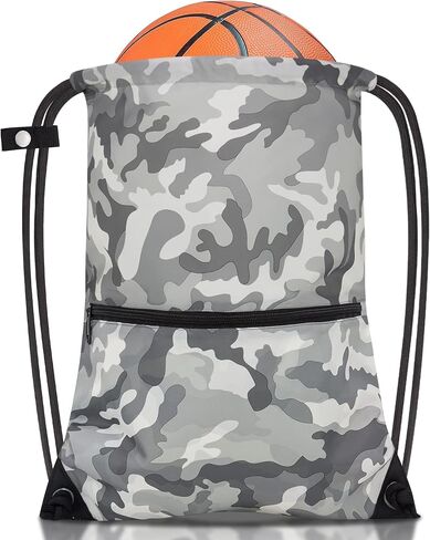 draw string back bag, Large Gym Sports string backpack for men and women with front zipper pocket and inside zipper pocket to keep key or phone (green camo) in Kuwait