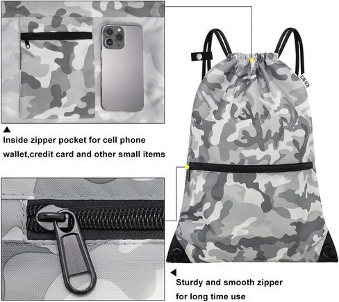 draw string back bag, Large Gym Sports string backpack for men and women with front zipper pocket and inside zipper pocket to keep key or phone (green camo) in Kuwait