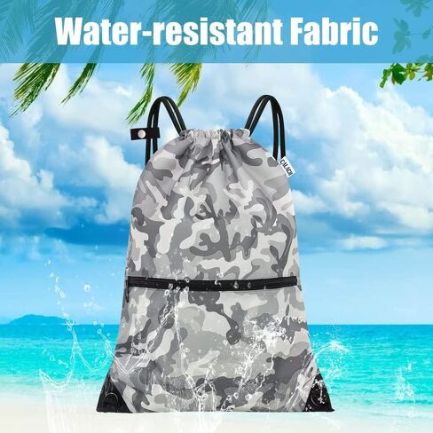 draw string back bag, Large Gym Sports string backpack for men and women with front zipper pocket and inside zipper pocket to keep key or phone (green camo) in Kuwait