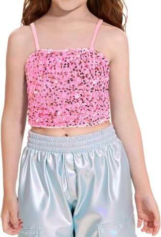 Haloumoning Girls Sequin Tank Tops Kids Slicfeless Spaghetti Strap Crive Cami Camisole Parcyly Dance Blouse 5-14 Years in Kuwait