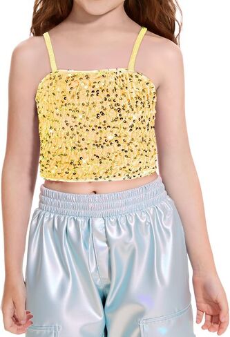 Haloumoning Girls Sequin Tank Tops Kids Slicfeless Spaghetti Strap Crive Cami Camisole Parcyly Dance Blouse 5-14 Years in Kuwait