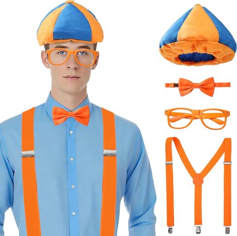 4PCS Costume Roleplay Accessories, Orange Blue Hat & Orange Suspenders & Bow-tie & Lensless Glasses, Dress Up Party Supplies, One Size Fits Most Adults Teenager in Kuwait