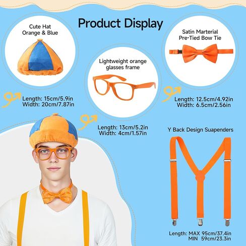 4PCS Costume Roleplay Accessories, Orange Blue Hat & Orange Suspenders & Bow-tie & Lensless Glasses, Dress Up Party Supplies, One Size Fits Most Adults Teenager in Kuwait