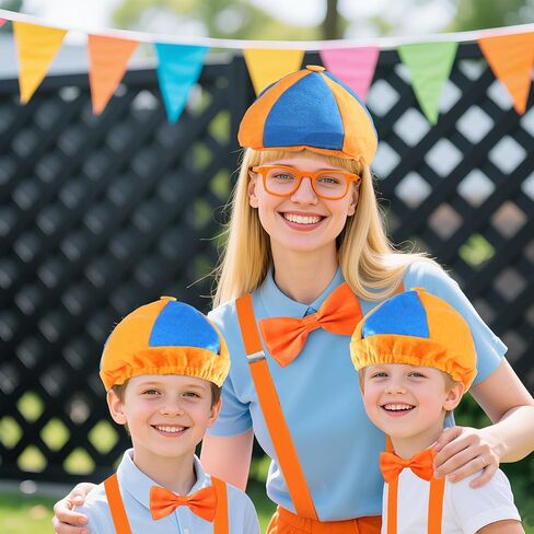 4PCS Costume Roleplay Accessories, Orange Blue Hat & Orange Suspenders & Bow-tie & Lensless Glasses, Dress Up Party Supplies, One Size Fits Most Adults Teenager in Kuwait