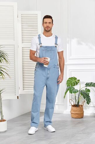Men's Denim Bib Overalls Fashion Slim Fit Stretchy Adjustable Straps Boot Cut Jeans Jumpsuit in Saudi Arabia
