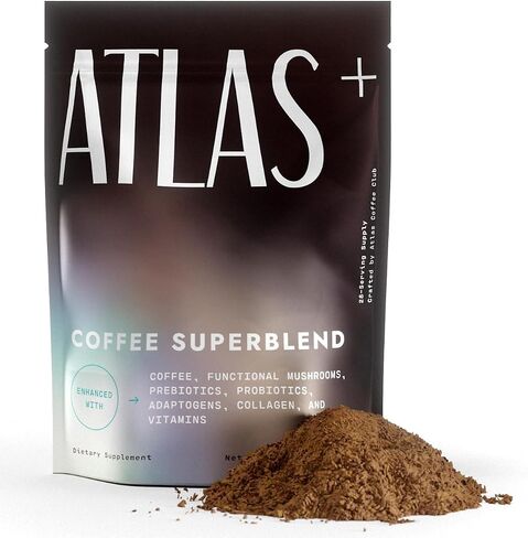 Atlas+ Coffee Superblend - قهوة الفطر الفورية مع Mane's Mane و Reishi و Cordyceps و Ashwagandha و Probiotics و Vitamin D3 & B12 - للطاقة والتركيز والمناعة وصحة الأمعاء - 28 حصص (حقيبة واحدة) in Saudi Arabia