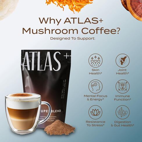 Atlas+ Coffee Superblend - قهوة الفطر الفورية مع Mane's Mane و Reishi و Cordyceps و Ashwagandha و Probiotics و Vitamin D3 & B12 - للطاقة والتركيز والمناعة وصحة الأمعاء - 28 حصص (حقيبة واحدة) in Saudi Arabia
