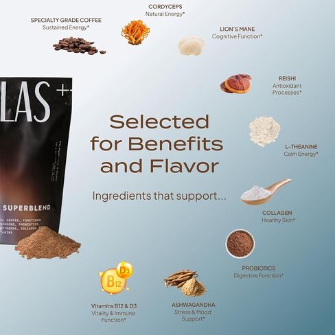 Atlas+ Coffee Superblend - قهوة الفطر الفورية مع Mane's Mane و Reishi و Cordyceps و Ashwagandha و Probiotics و Vitamin D3 & B12 - للطاقة والتركيز والمناعة وصحة الأمعاء - 28 حصص (حقيبة واحدة) in Saudi Arabia