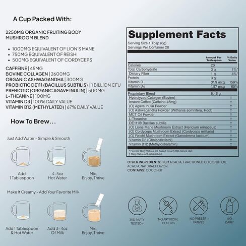 Atlas+ Coffee Superblend - قهوة الفطر الفورية مع Mane's Mane و Reishi و Cordyceps و Ashwagandha و Probiotics و Vitamin D3 & B12 - للطاقة والتركيز والمناعة وصحة الأمعاء - 28 حصص (حقيبة واحدة) in Saudi Arabia