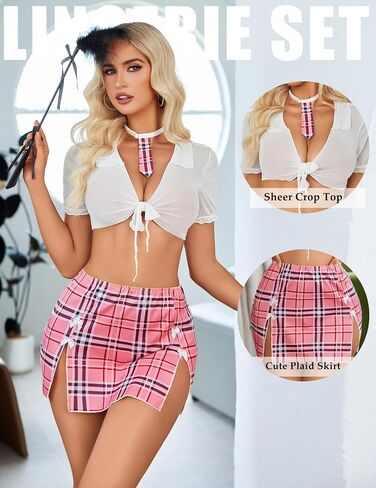 Avidlove Lingerie Set for Women Sexy Schoolgirl Outfits Costume Mesh Sheer Tie Top and Mini Skirt with Thong in Saudi Arabia
