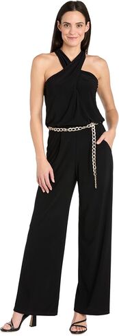 R&M Richards Chic Criss-Cross Halter Formal Jumpsuit W/Chian Blet & Wide Legs - Elegant Relaxed Fit in Saudi Arabia