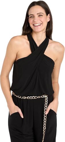 R&M Richards Chic Criss-Cross Halter Formal Jumpsuit W/Chian Blet & Wide Legs - Elegant Relaxed Fit in Saudi Arabia
