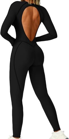 AEEZO Womens Sexy Blackless Long Sleeve Padded Workout Jumpsuit Contour Stitch Yoga Rompers One Piece Tummy Control Bodysuit in Saudi Arabia