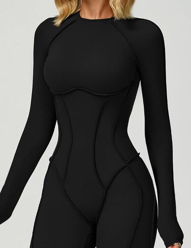 AEEZO Womens Sexy Blackless Long Sleeve Padded Workout Jumpsuit Contour Stitch Yoga Rompers One Piece Tummy Control Bodysuit in Saudi Arabia