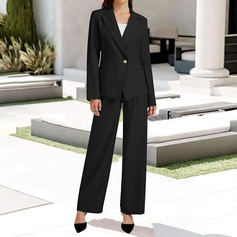 Womens 2 Piece Business Casual Outfits Single Button Long Sleeve Blazer Jackets Wide Leg Pant Matching Sets in Kuwait