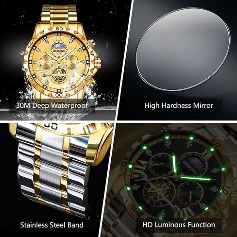 Mens Watches Big Face Dial Stainless Steel Chronograph Fashion Business Dress Diamond Multifunction Wrist Watch for Men Waterproof Luminous in Saudi Arabia
