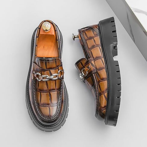 Men's Checkered Pattern Chain Platform Loafers Comfortable Non-Slip Lug Sole Business Formal Leather Shoes Patent Leather Wide Toe Work Casual Dress Shoes in Kuwait
