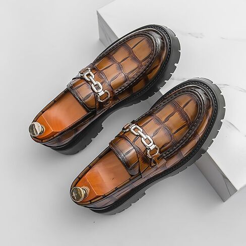 Men's Checkered Pattern Chain Platform Loafers Comfortable Non-Slip Lug Sole Business Formal Leather Shoes Patent Leather Wide Toe Work Casual Dress Shoes in Kuwait