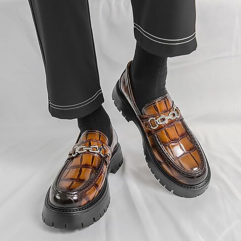 Men's Checkered Pattern Chain Platform Loafers Comfortable Non-Slip Lug Sole Business Formal Leather Shoes Patent Leather Wide Toe Work Casual Dress Shoes in Kuwait