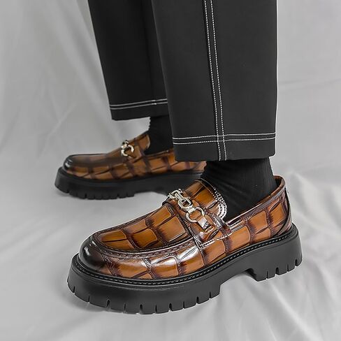 Men's Checkered Pattern Chain Platform Loafers Comfortable Non-Slip Lug Sole Business Formal Leather Shoes Patent Leather Wide Toe Work Casual Dress Shoes in Kuwait
