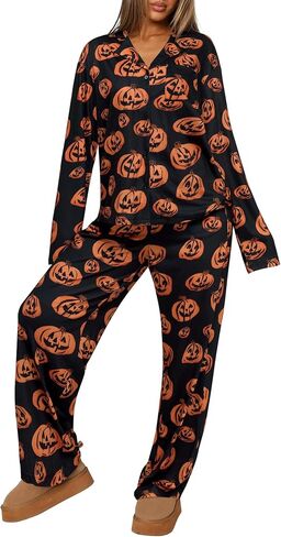 REORIA Funny Halloween Pajamas Women Button Up 2 Piece Pajama Set Sleepwear in Saudi Arabia