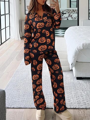 REORIA Funny Halloween Pajamas Women Button Up 2 Piece Pajama Set Sleepwear in Saudi Arabia
