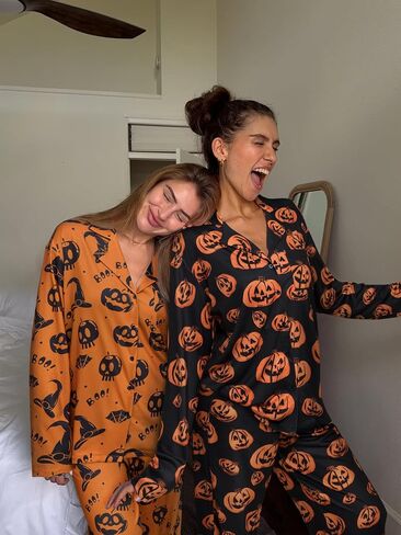 REORIA Funny Halloween Pajamas Women Button Up 2 Piece Pajama Set Sleepwear in Saudi Arabia