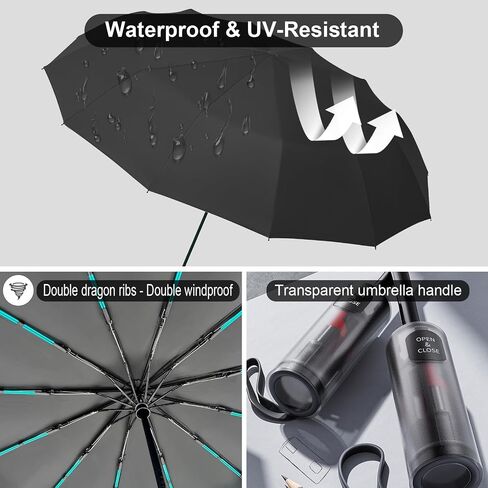 Automatic Windproof Travel Umbrella Compact - Auto Open/Close Folding Umbrella for Rain and Sun, Portable UV Protection UPF 50+ (Lab Tested), Sectional Folding Anti-rebound Design，Lightweight for Backpack, Car, Gift in Saudi Arabia