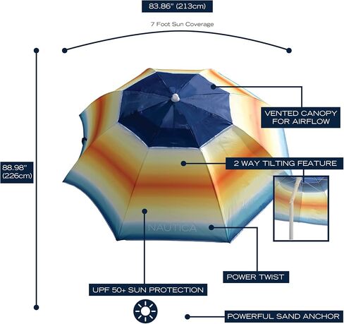 NAUTICA Beach Umbrella - 7 Ft Heavy Duty Portable Beach Umbrellas for Sand & Sun UPF 50+ Protection, Wind & Sand Anchor for Strong Stability - Large Vented Umbrella for Beach + 2-Way Tilt System in Saudi Arabia