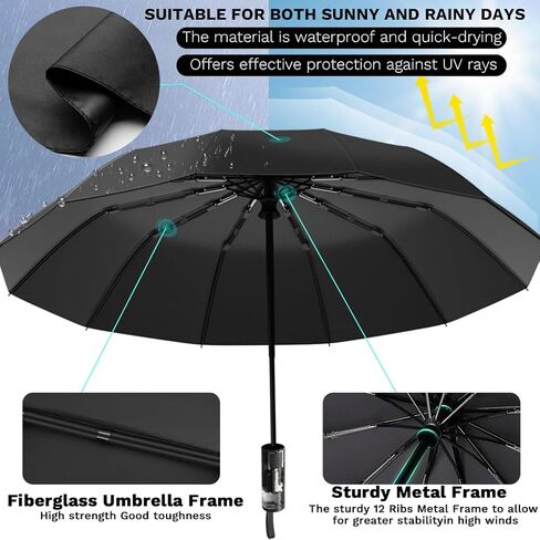 YINBAOGE Automatic Compact Travel Umbrella, Windproof Folding 12 Ribs Umbrella for Rain & Sun with UV Protection, Lightweight & Portable for Men and Women in Saudi Arabia